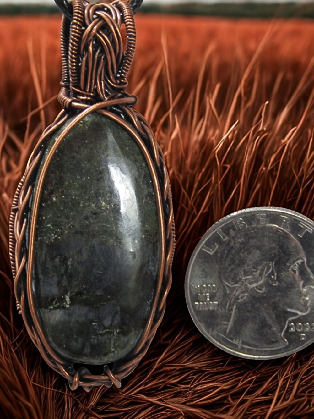 Handmade Wire Wrapped Moss Agate Crystal Necklace, Raw Copper Crystal Pendant